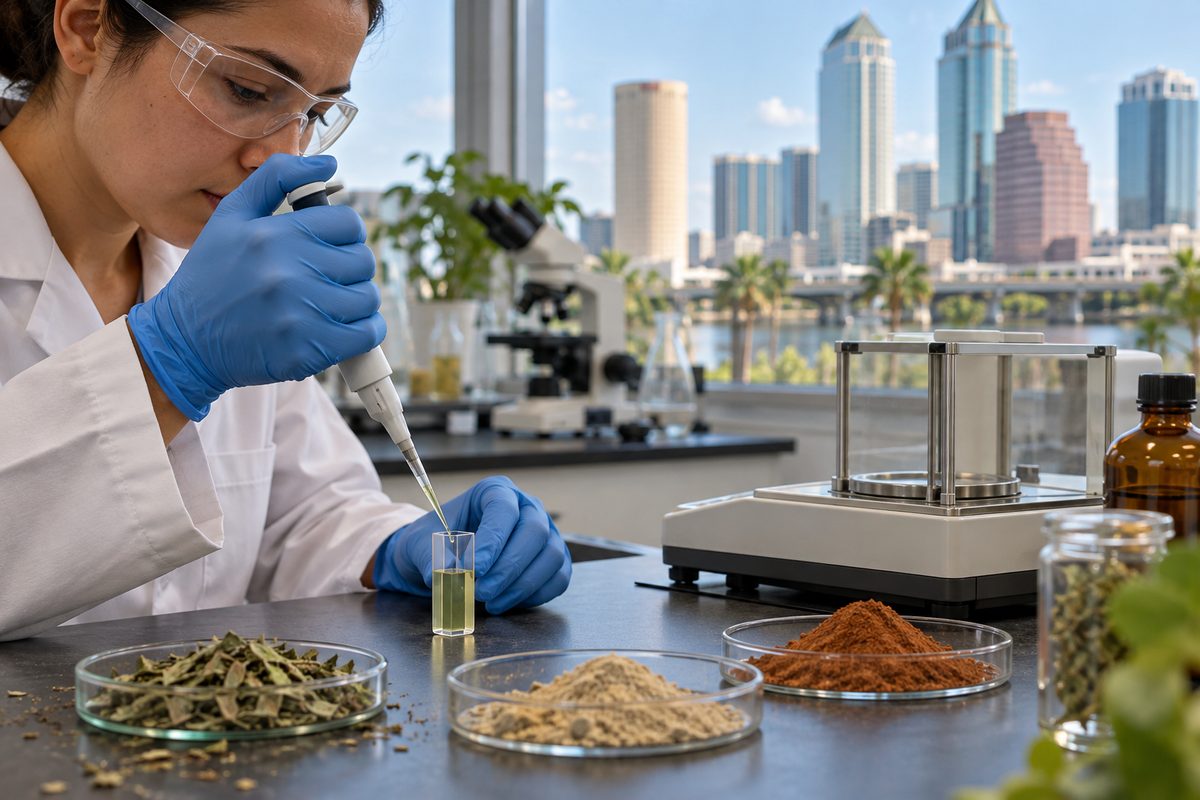 Precision spectrophotometric assay and raw botanical active analysis at AuraGlow Tampa facility